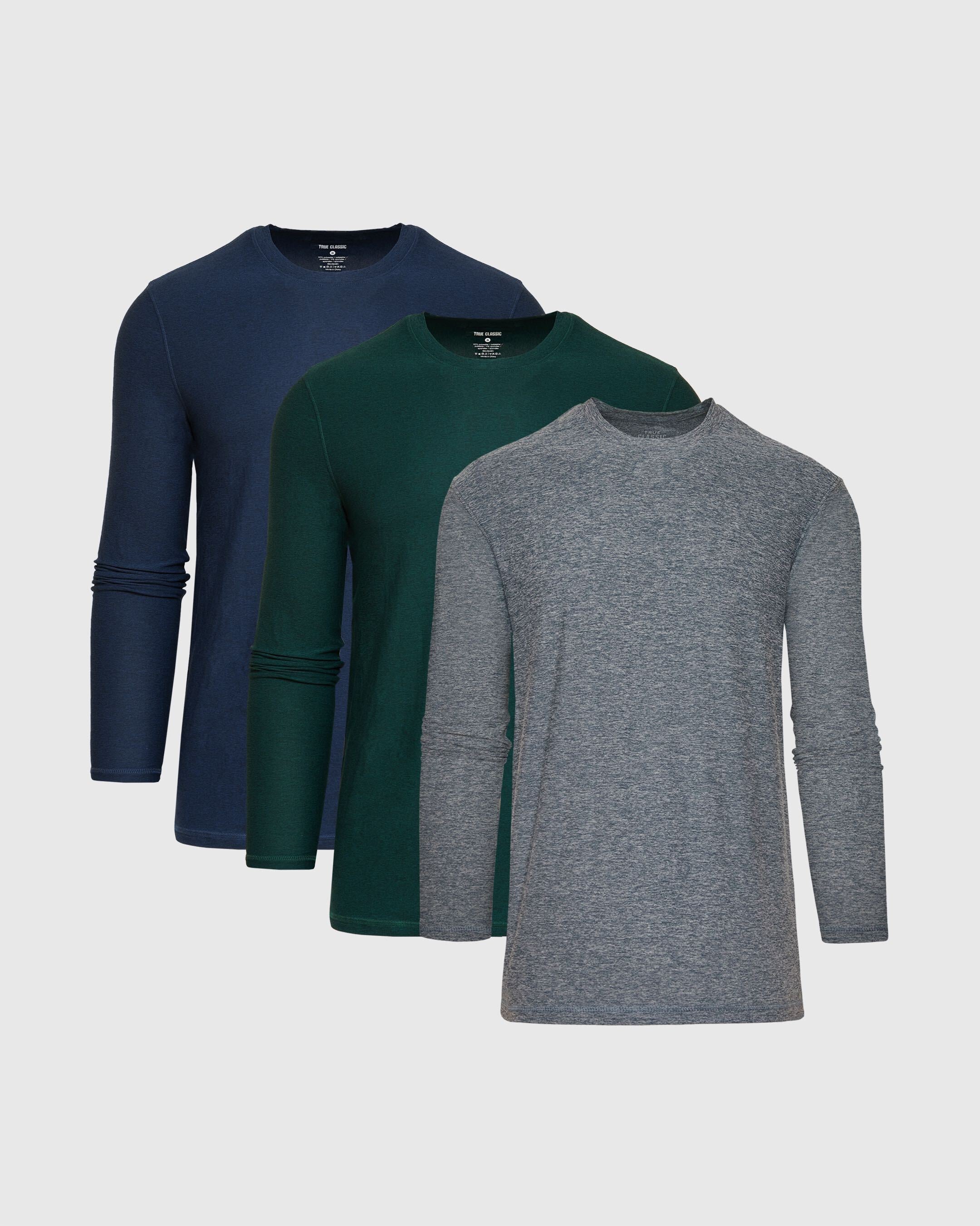 True Classic Multicolor Cool Tones Active Long Sleeve T-Shirt Crew 3-Pack | Cotton Blend | Athletic Cut | Small / S