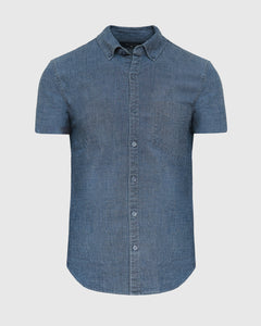 True ClassicKurzärmliges Stretch-Chambray-Shirt in heller Indigo-Waschung