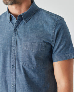 True ClassicKurzärmliges Stretch-Chambray-Shirt in heller Indigo-Waschung