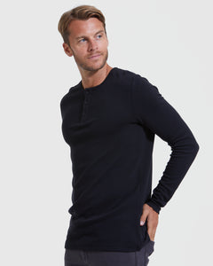 True ClassicAll Black Waffle Long Sleeve Henley 6-Pack