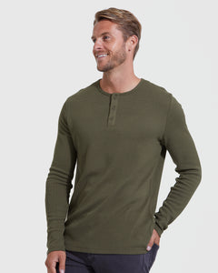 True ClassicWaffel Longsleeve Henley-Shirt in Militärgrün