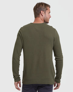 True ClassicWaffel Longsleeve Henley-Shirt in Militärgrün