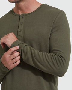 True ClassicWaffel Longsleeve Henley-Shirt in Militärgrün