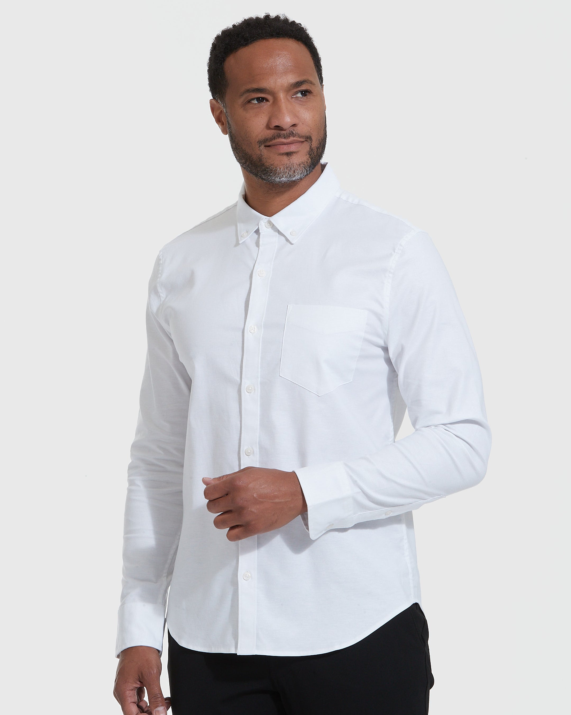 White Stretch Oxford Long Sleeve Button Up Shirt | White Stretch Oxford ...