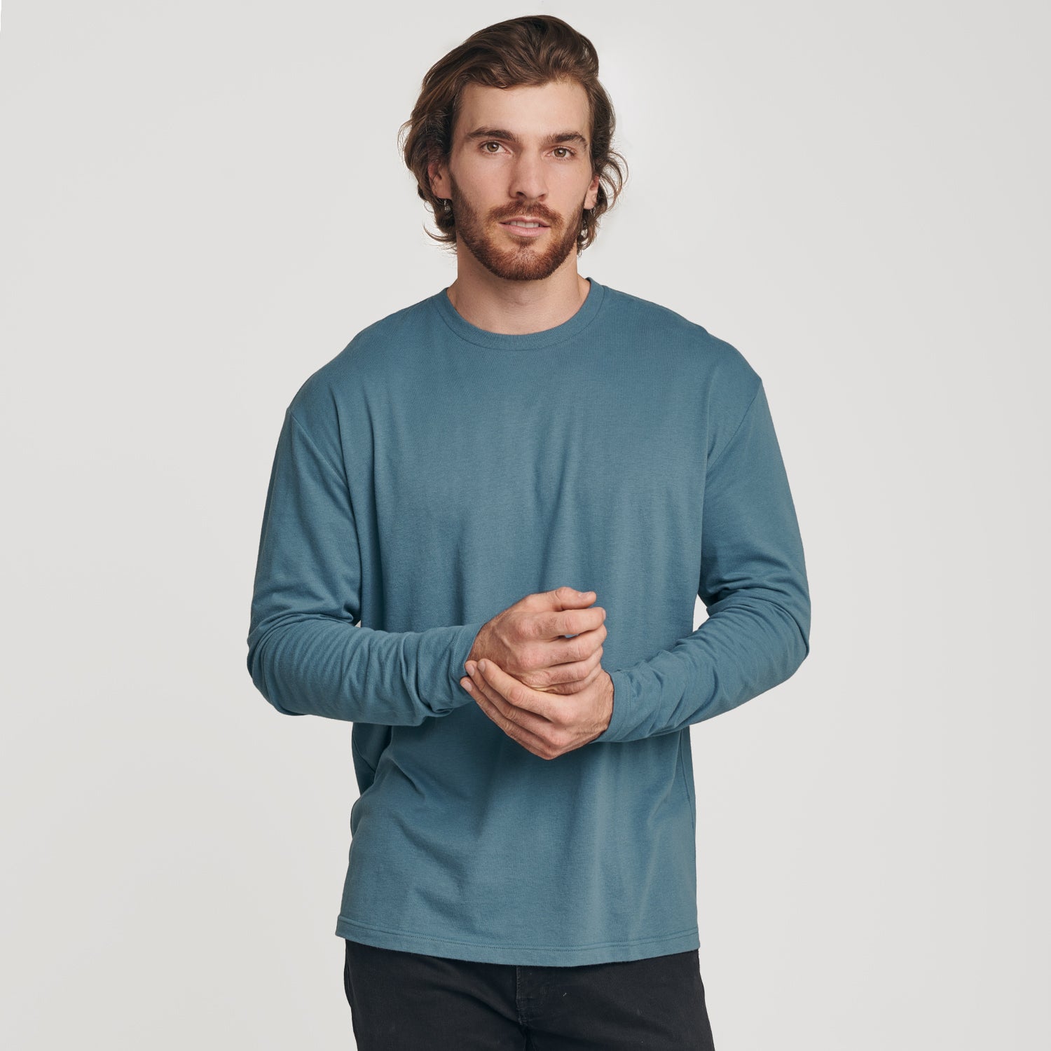 Basic Cobalt Blue Crew Neckline Long Sleeves Cotton T-Shirt